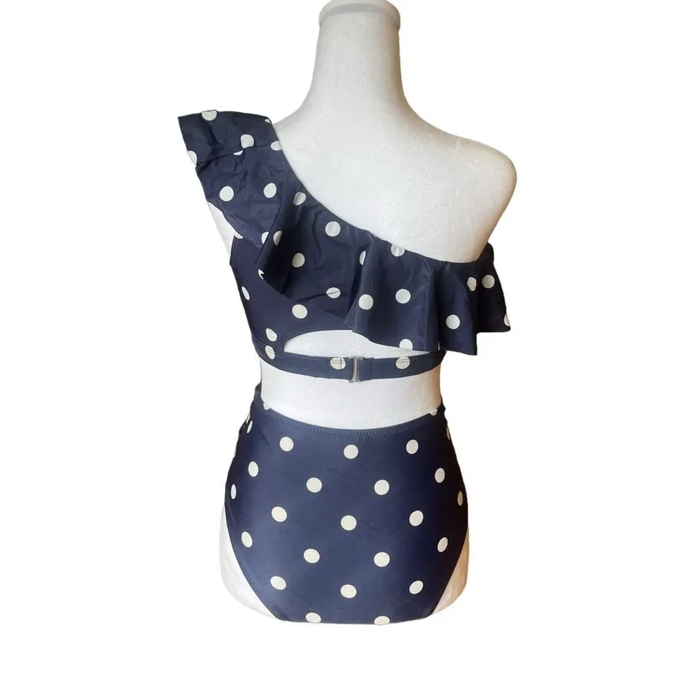 Old Navy One Shoulder High Waist Bikini Navy Blue White Polka Dots Size Small